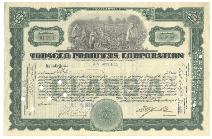 Vintage stock certificate for Tobacco Products Corporation from 1925