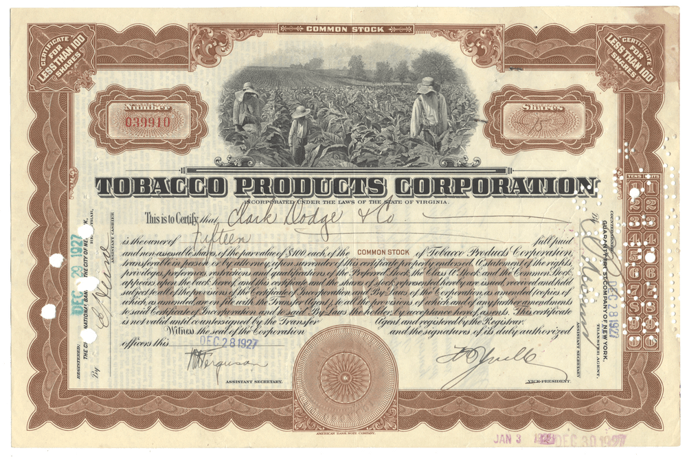 Vintage stock certificate for Tobacco Products Corporation from 1927