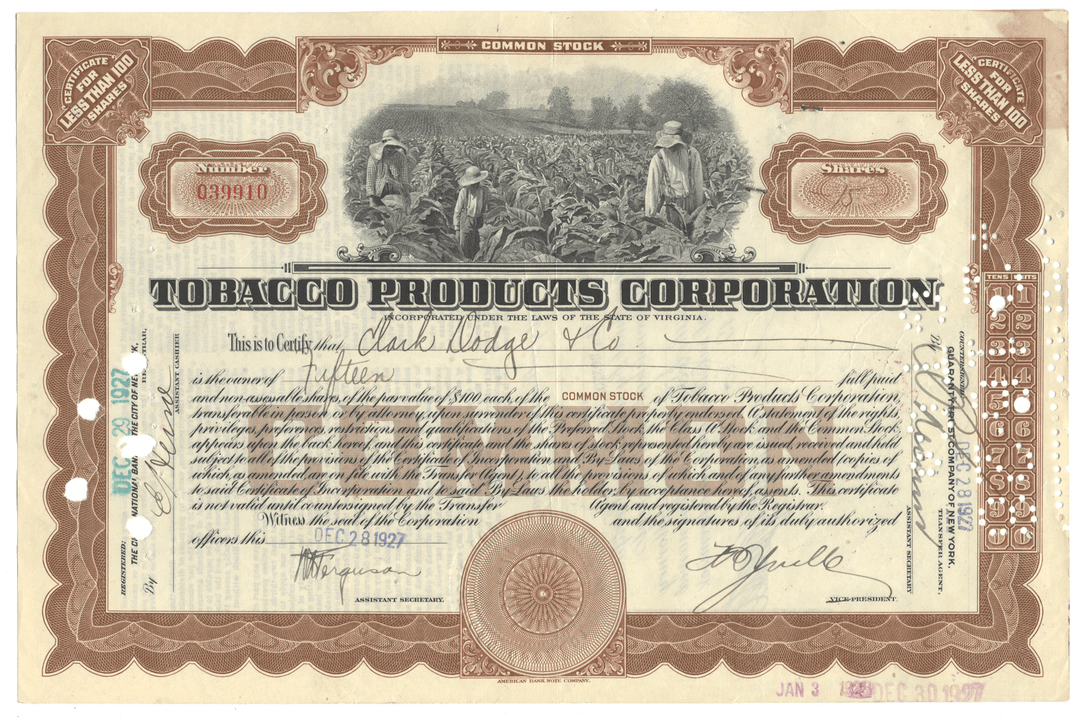 Vintage stock certificate for Tobacco Products Corporation from 1927