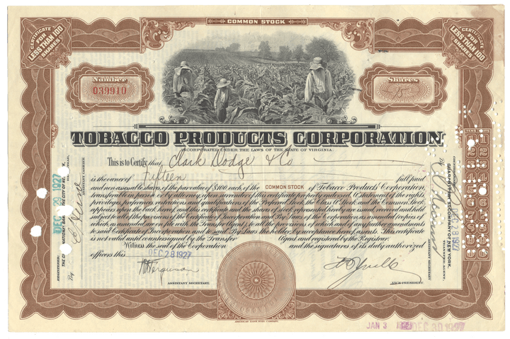 Vintage stock certificate for Tobacco Products Corporation from 1927