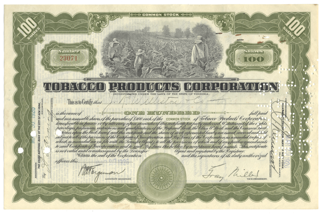 Share certificate of Tobacco Products Corporation from 1926