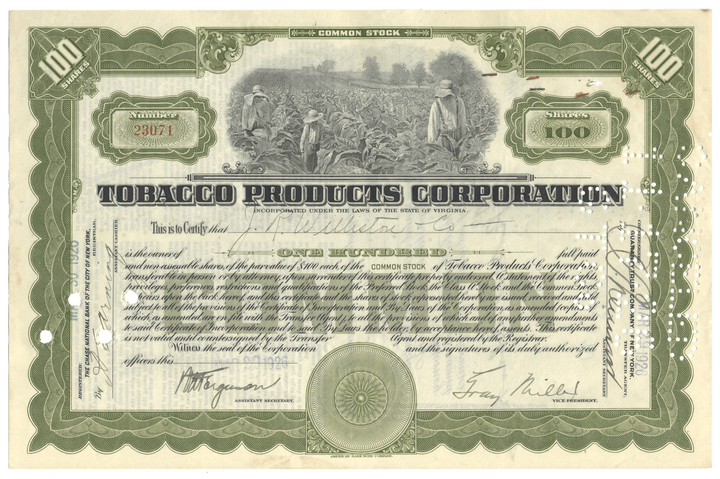 Share certificate of Tobacco Products Corporation from 1926