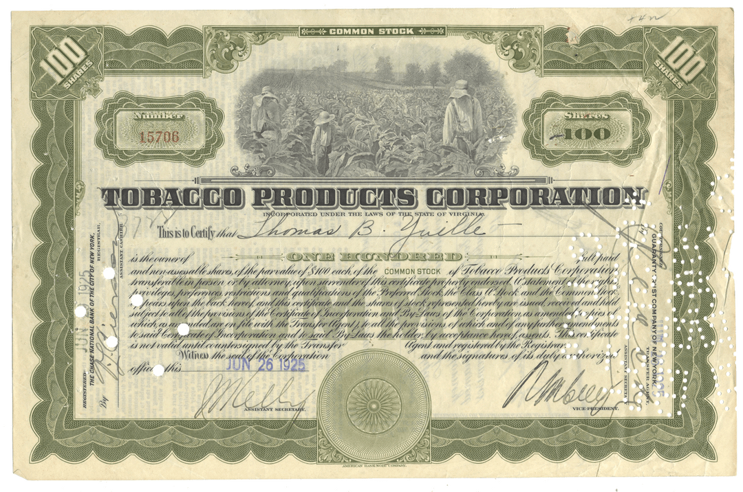 A vintage Tobacco Products Corporation stock certificate from 1925