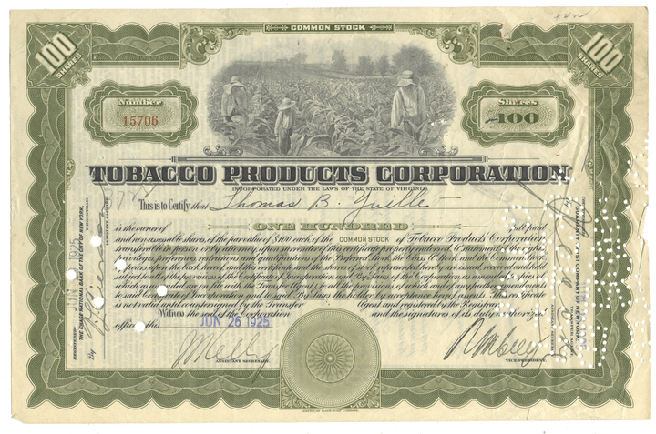 A vintage Tobacco Products Corporation stock certificate from 1925