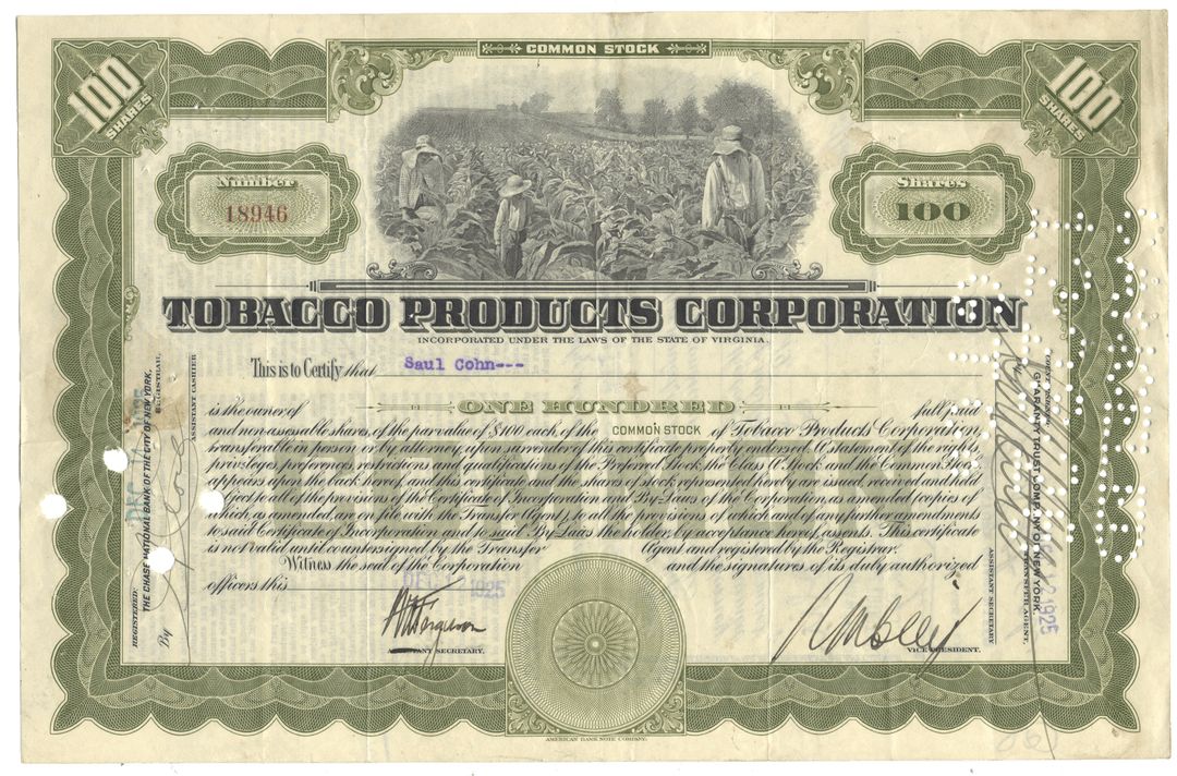 A vintage Tobacco Products Corporation common stock certificate from 1925