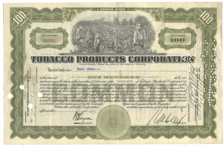 A vintage Tobacco Products Corporation common stock certificate from 1925
