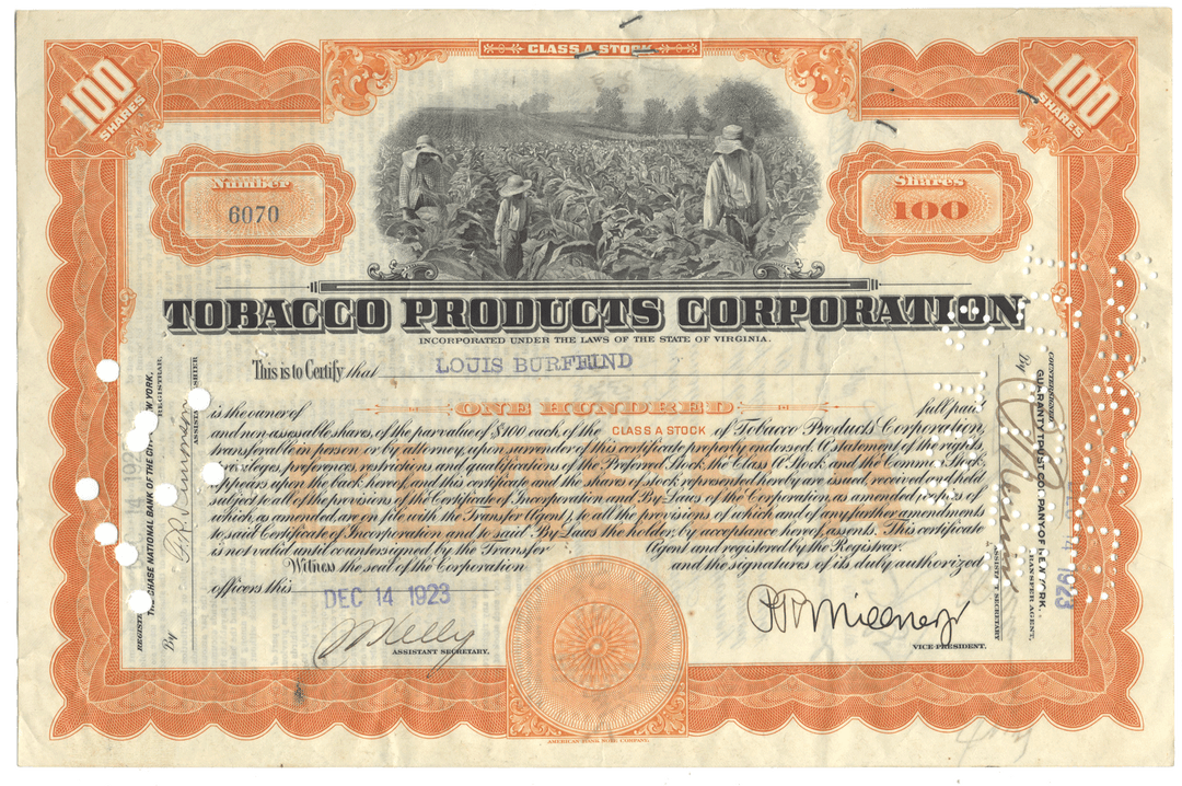 Vintage stock certificate for Tobacco Products Corporation with tobacco field illustration from 1923