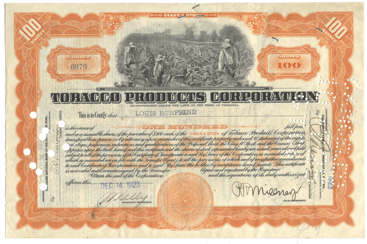 Vintage stock certificate for Tobacco Products Corporation with tobacco field illustration from 1923