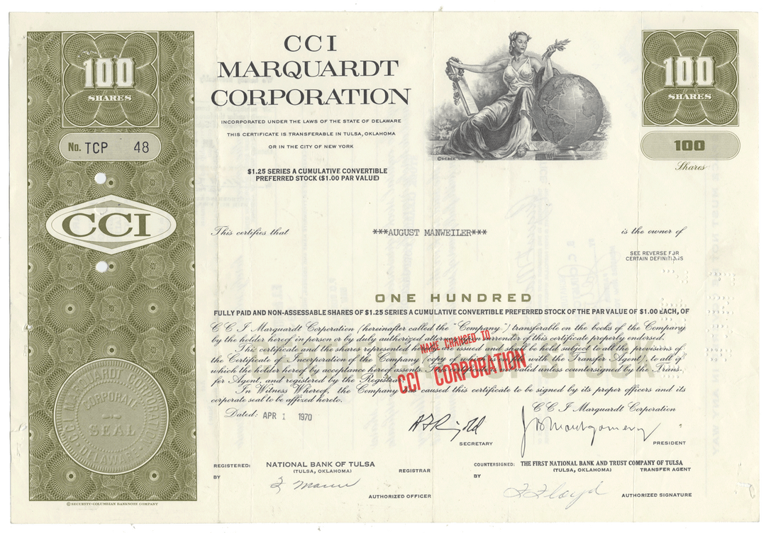 Stock certificate of CCI Marquardt Corporation