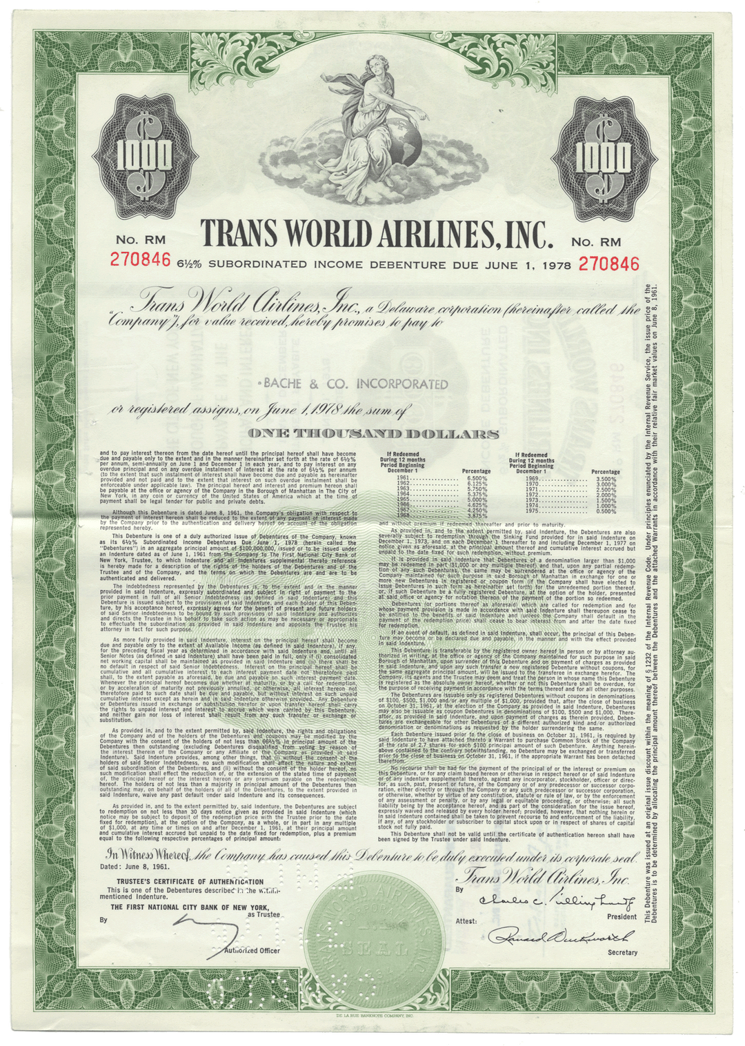Trans World Airlines, Inc. Bond Certificate