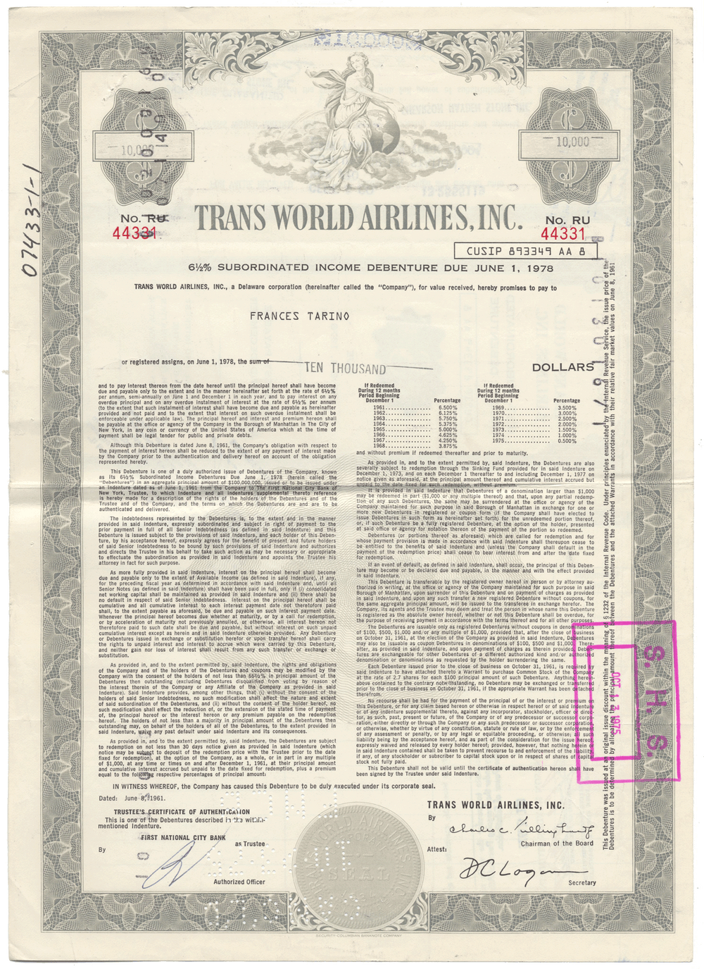 Trans World Airlines, Inc. Bond Certificate