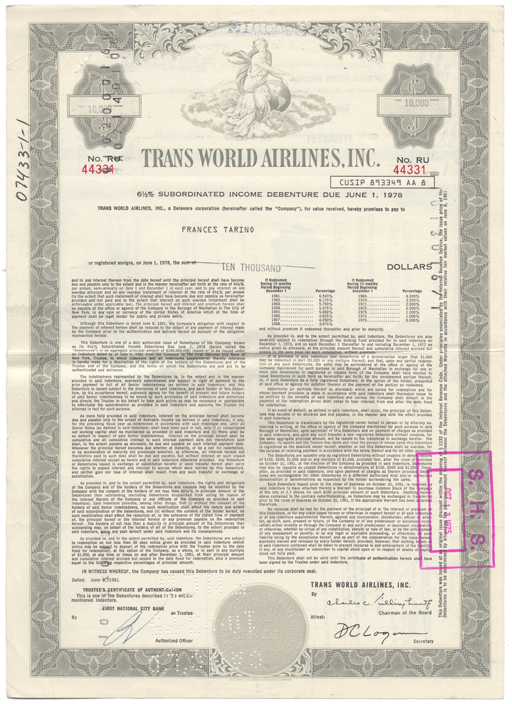 Trans World Airlines, Inc. Bond Certificate