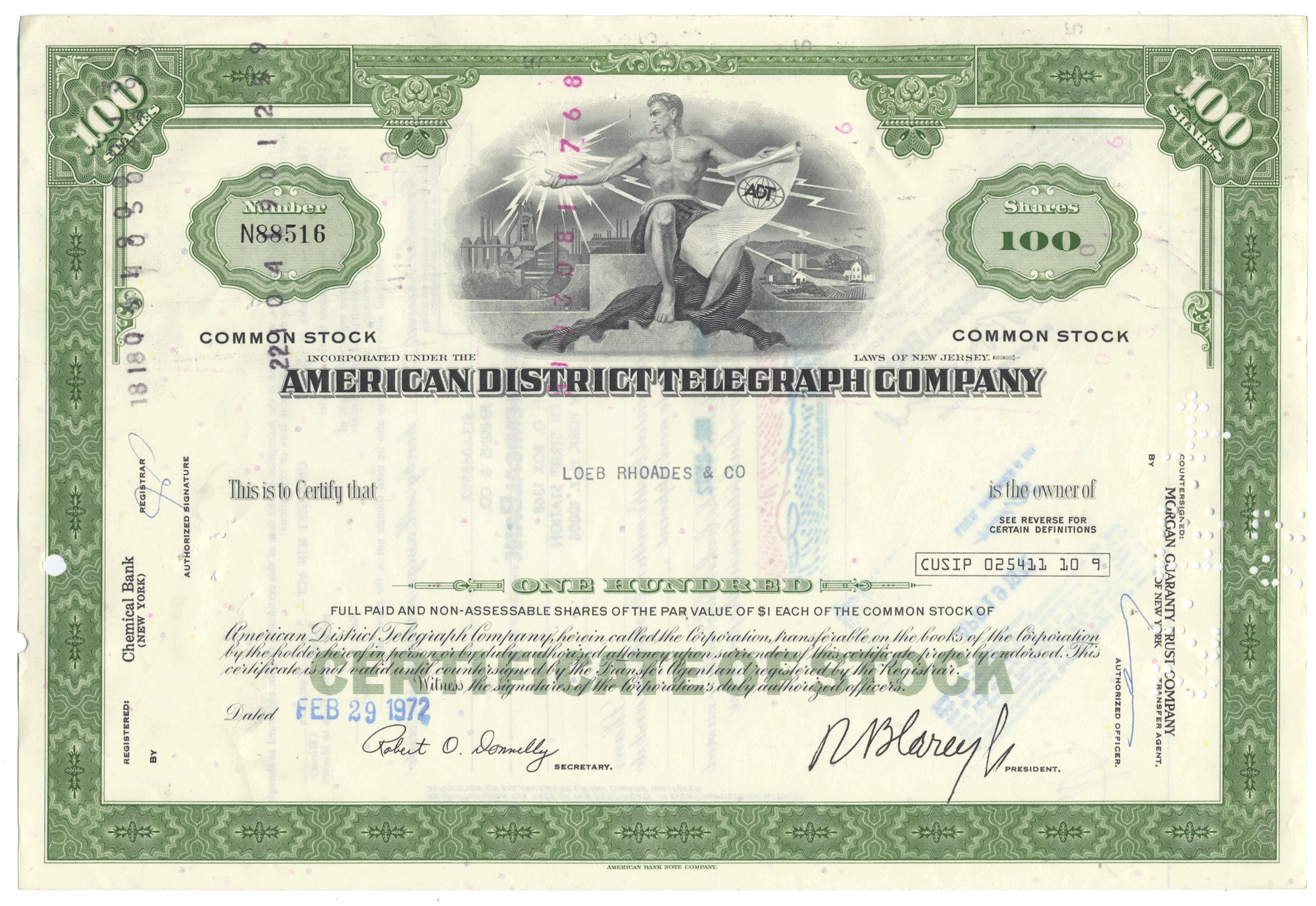 Vintage stock certificate of the American District Telegraph Company (ADT) from 1972