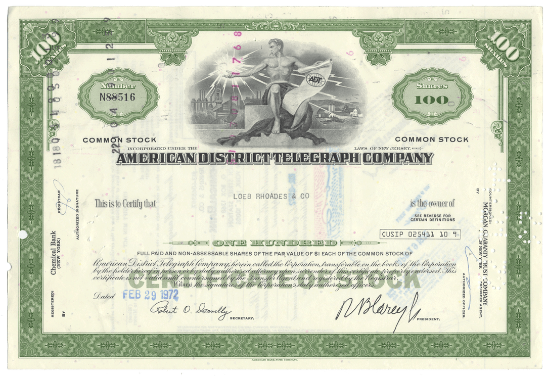 Vintage stock certificate of the American District Telegraph Company (ADT) from 1972