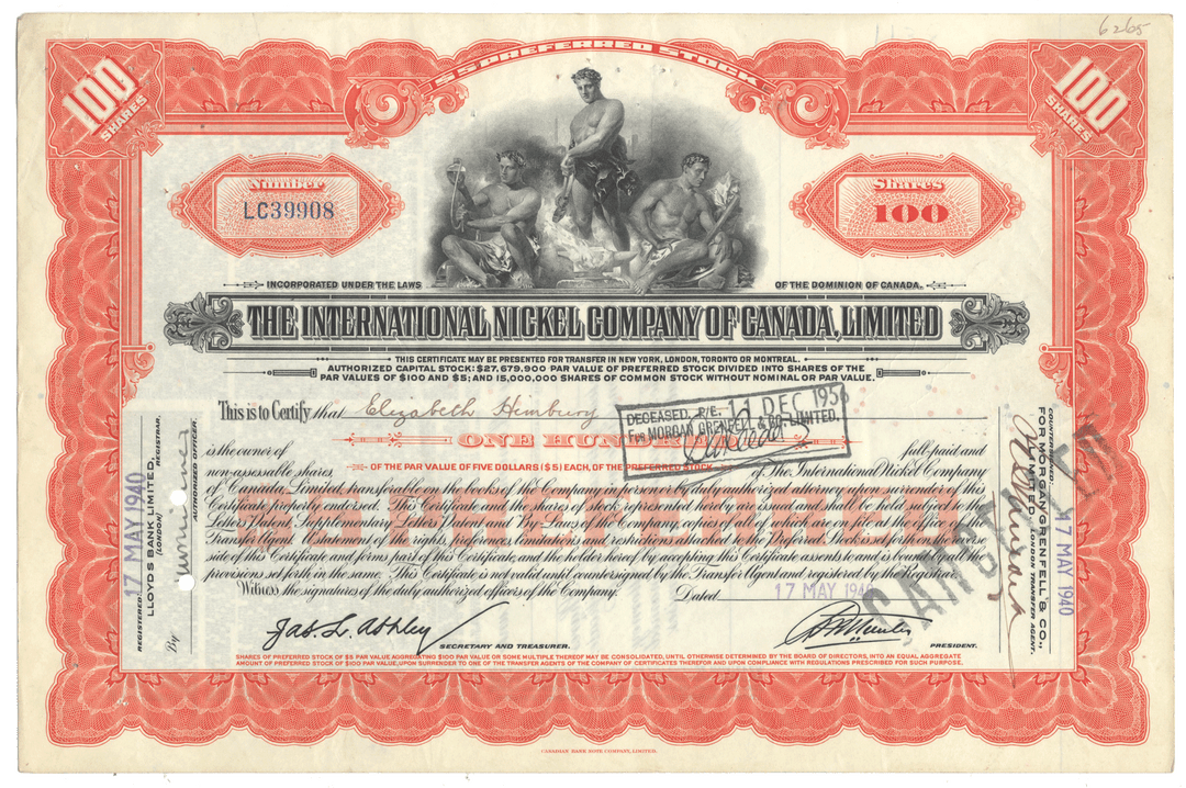 Vintage stock certificate of The International Nickel Company of Canada Limited from 1940.