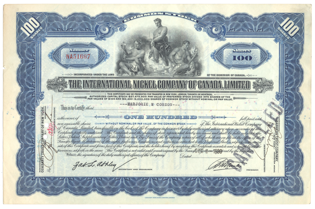 International Nickel Company of Canada Stock Certificate