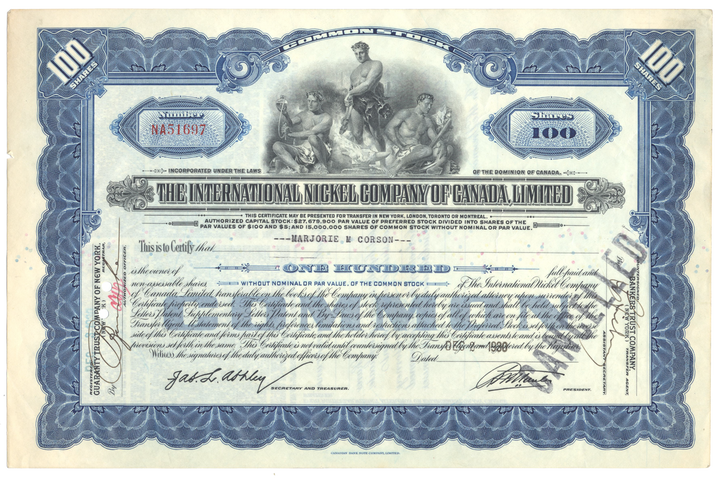 International Nickel Company of Canada Stock Certificate