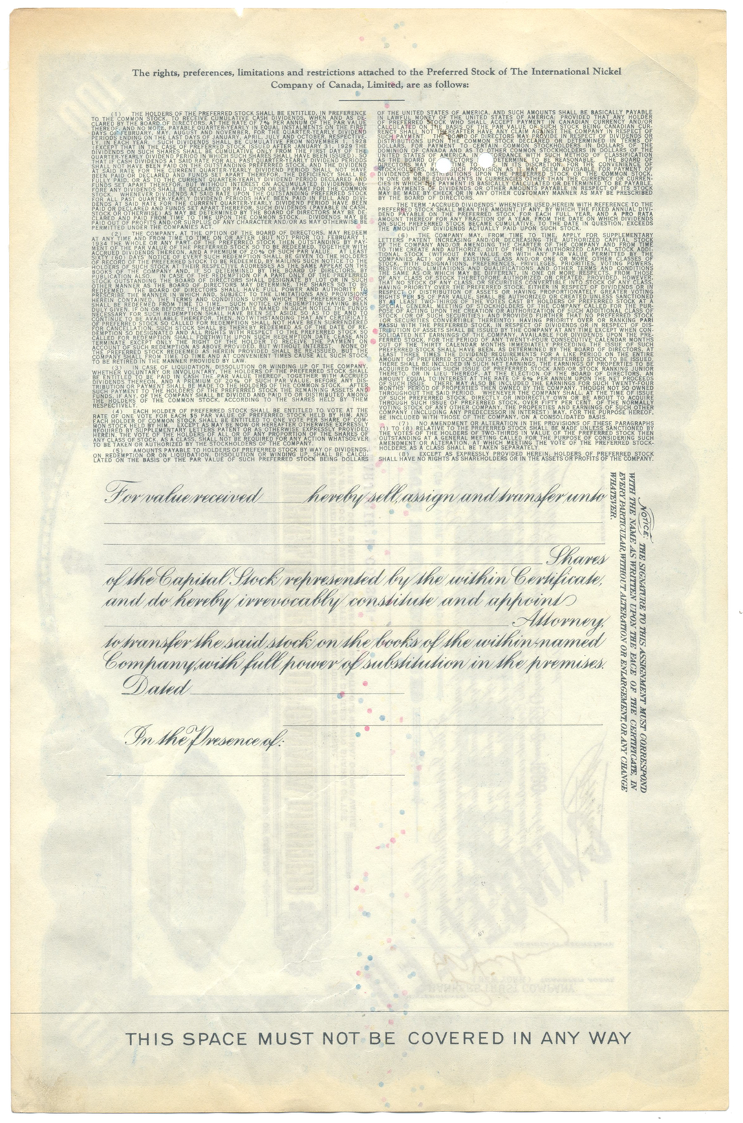 International Nickel Company of Canada Stock Certificate