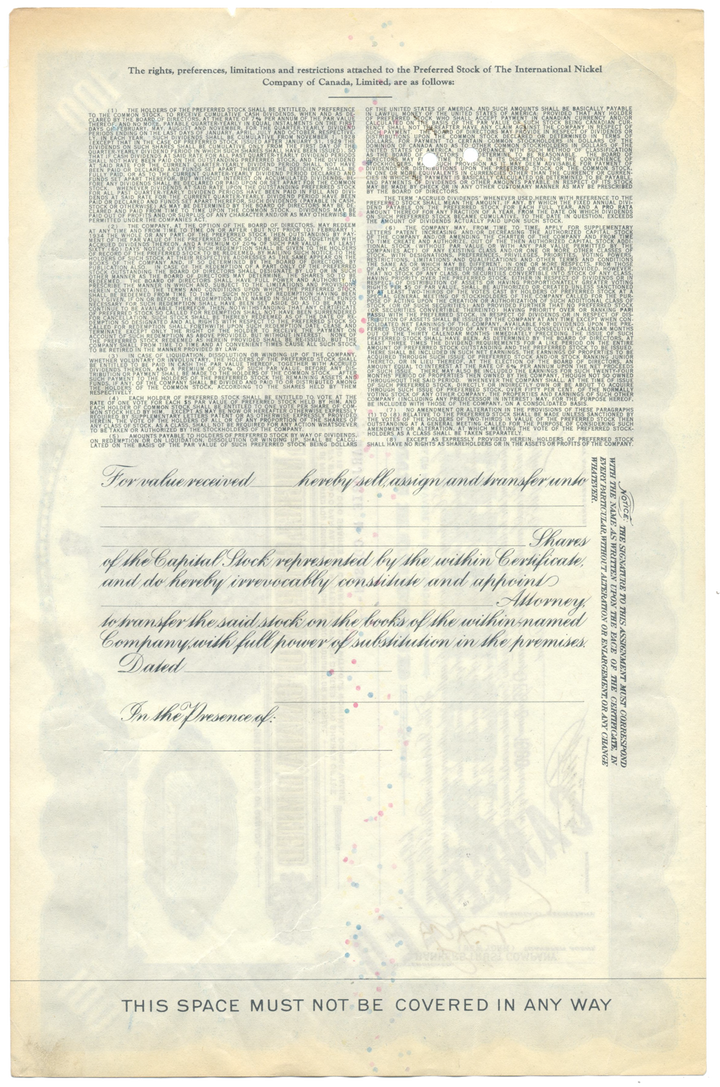 International Nickel Company of Canada Stock Certificate