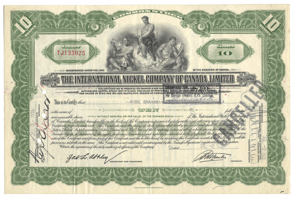 Vintage stock certificate from The International Nickel Company of Canada, Limited