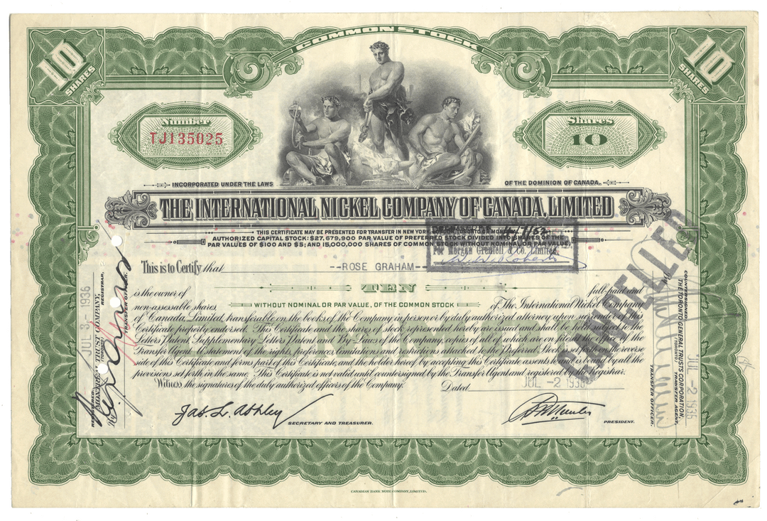 Vintage stock certificate from The International Nickel Company of Canada, Limited