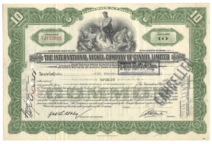 Vintage stock certificate from The International Nickel Company of Canada, Limited
