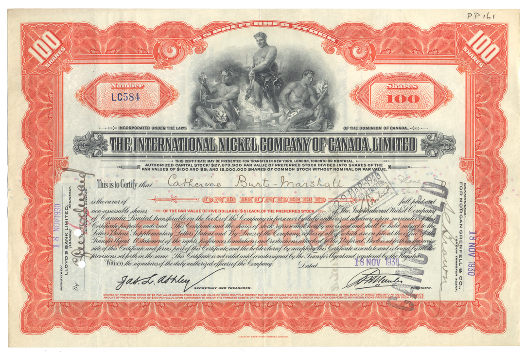 International Nickel Company of Canada Stock Certificate