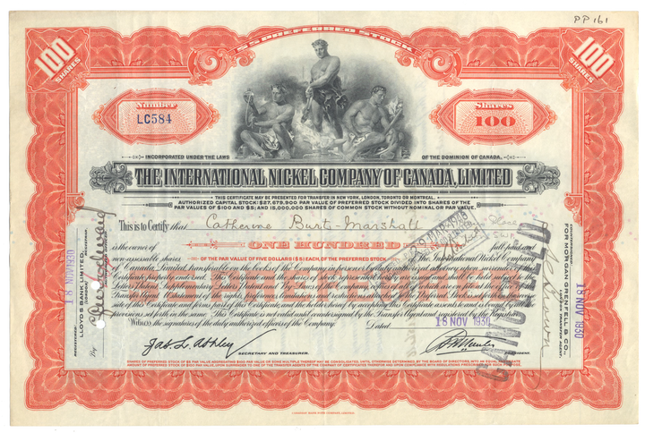 International Nickel Company of Canada Stock Certificate