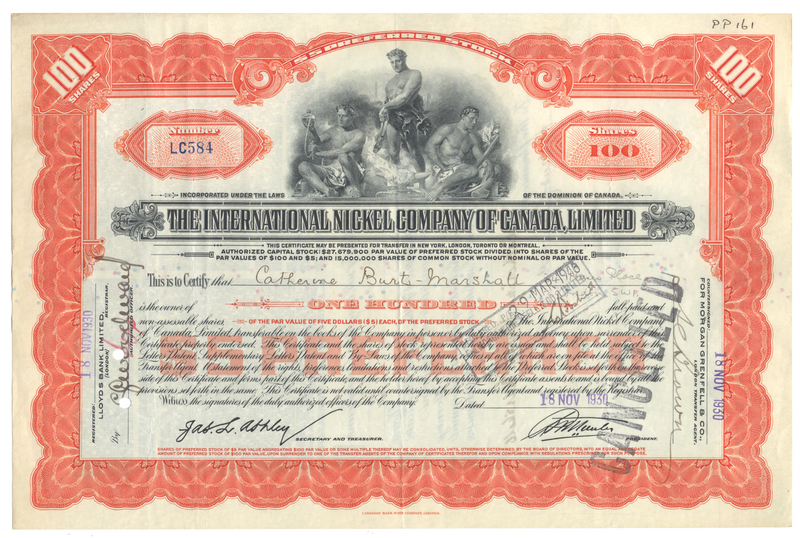 International Nickel Company of Canada Stock Certificate