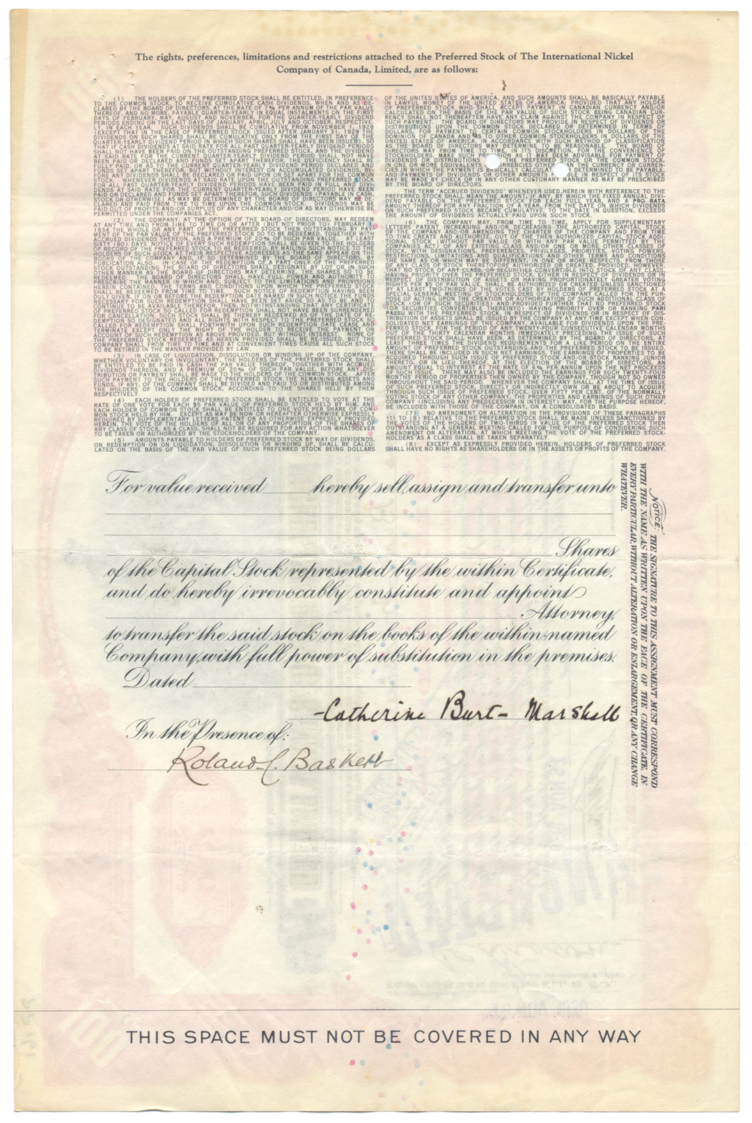 International Nickel Company of Canada Stock Certificate