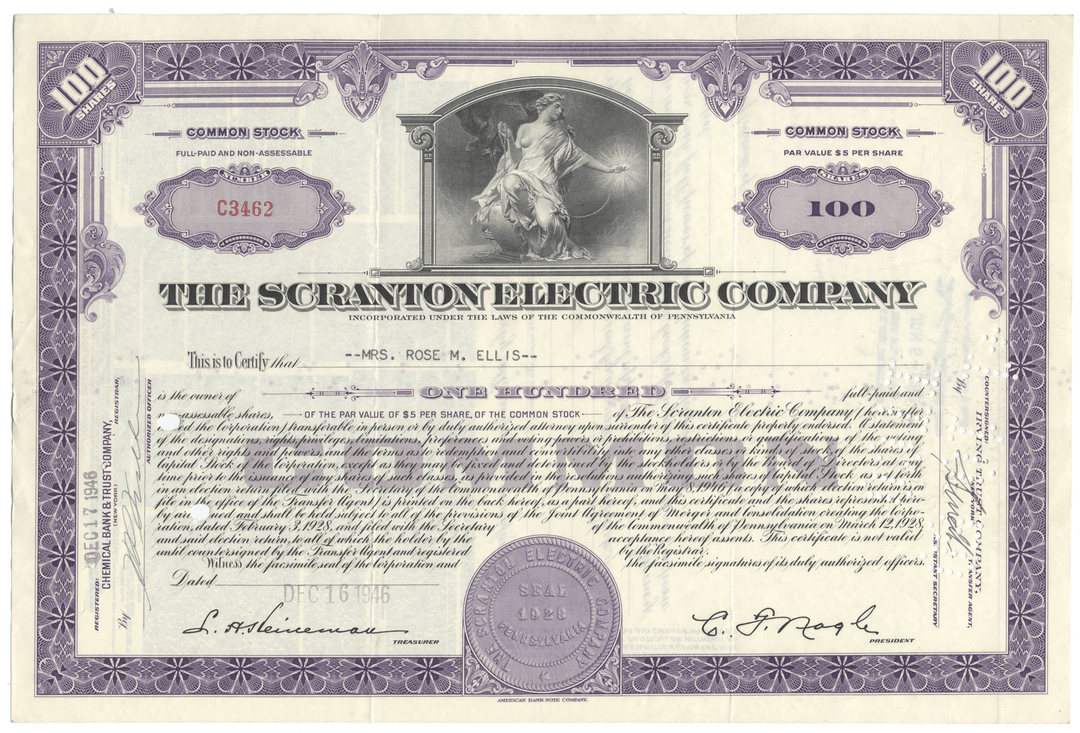 Scranton Electric Company Stock Certificate