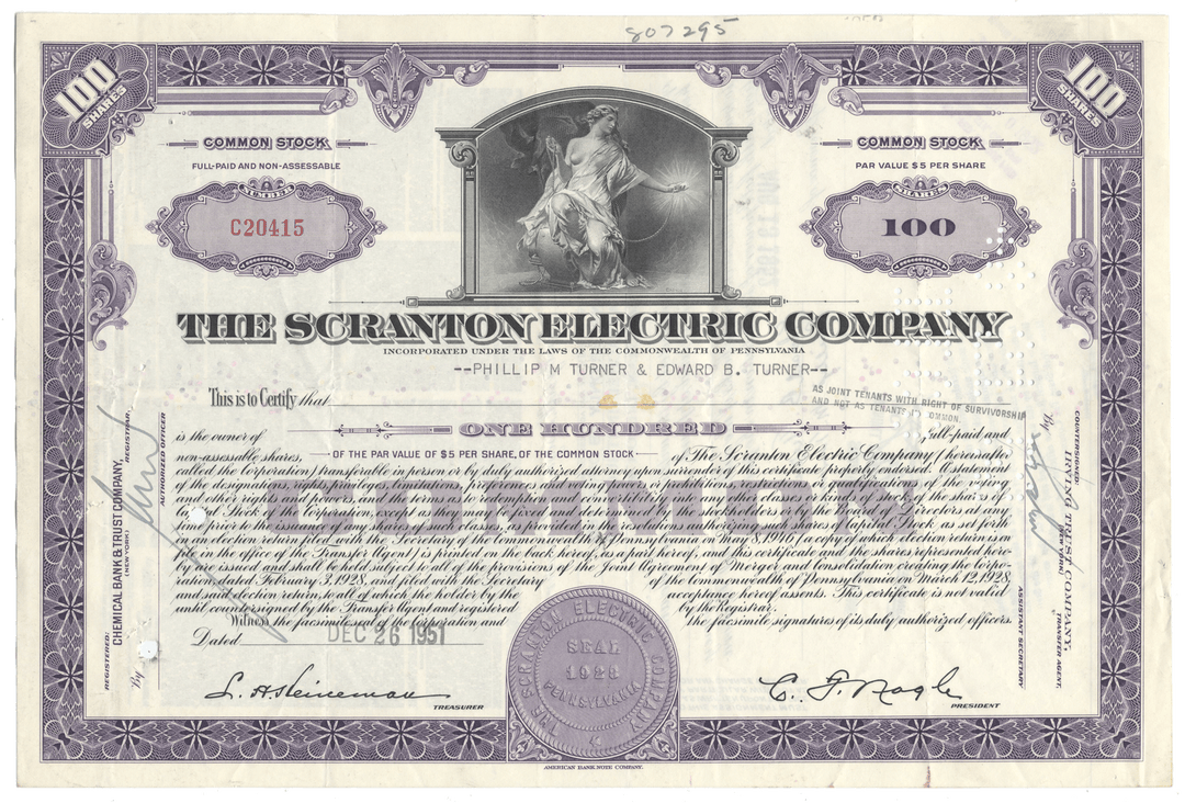 Vintage stock certificate of the Scranton Electric Company with decorative elements.