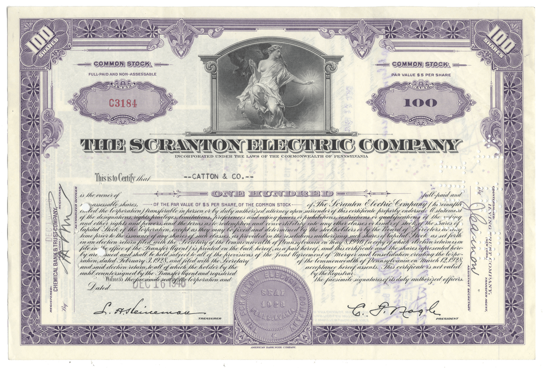 Stock certificate of the Scranton Electric Company with a purple border and detailed design.