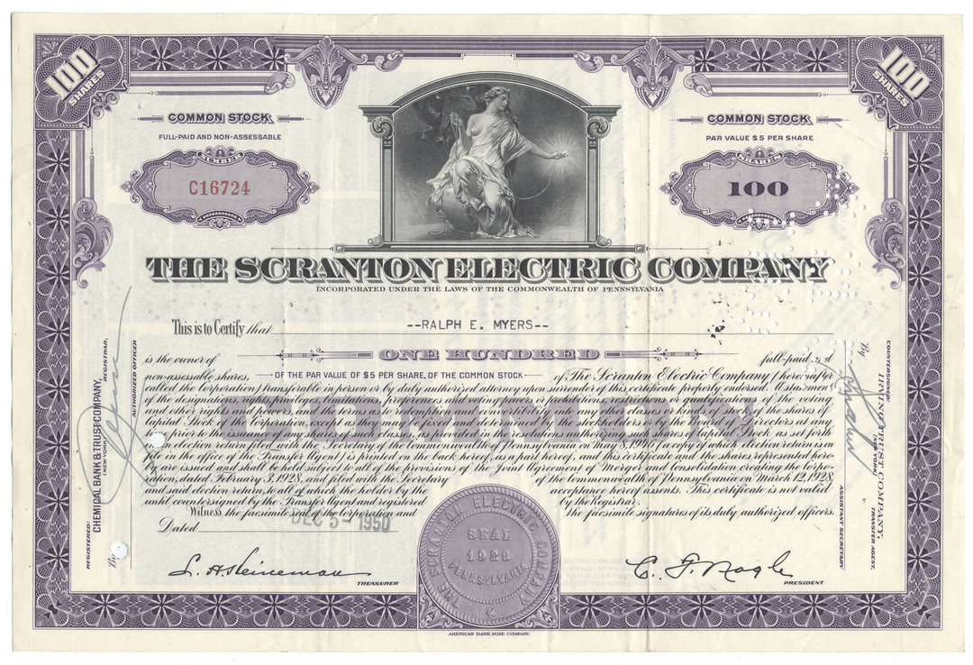 Vintage stock certificate of the Scranton Electric Company with decorative elements.