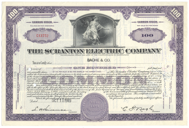 Scranton Electric Company Stock Certificate