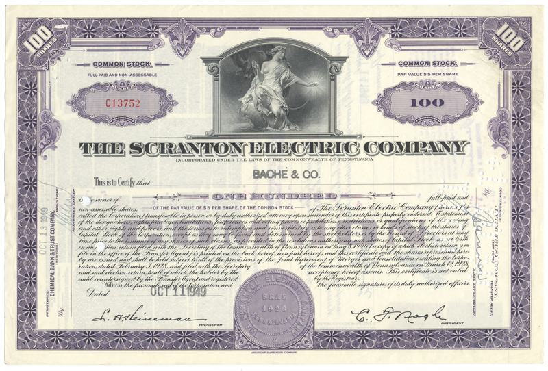 Scranton Electric Company Stock Certificate