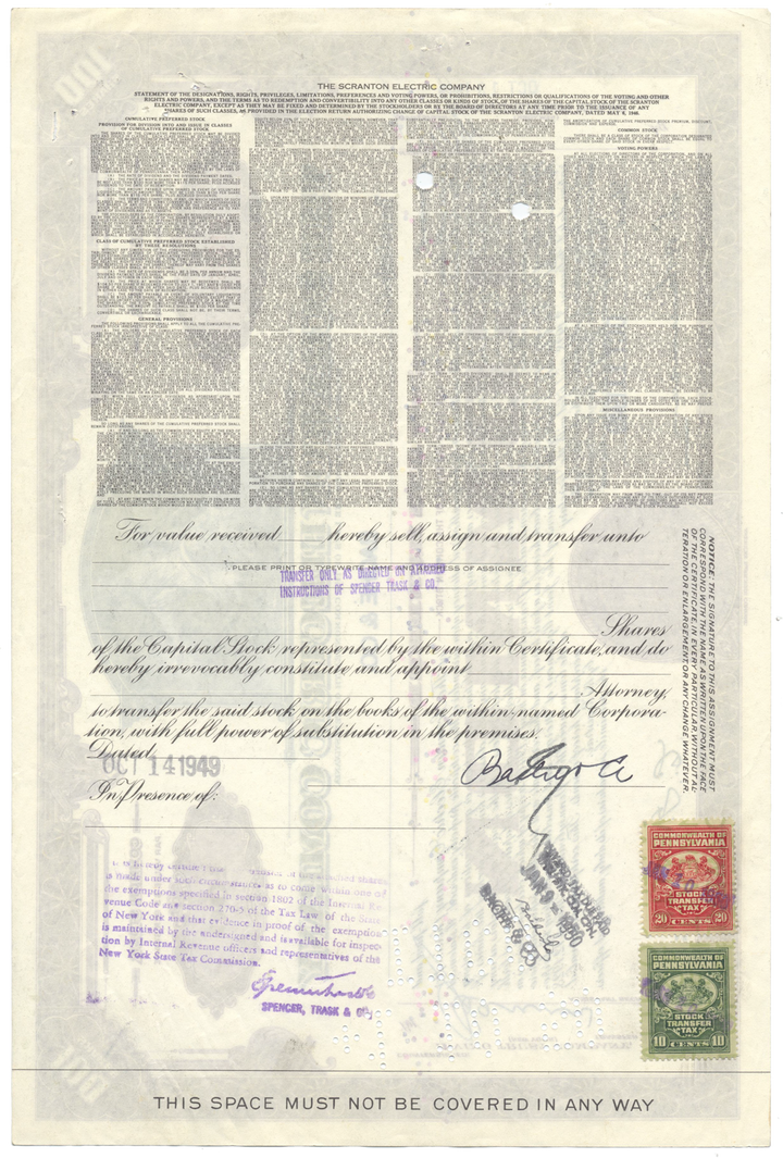 Scranton Electric Company Stock Certificate