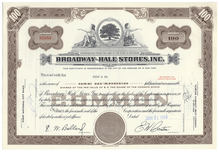 Broadway-Hale Stores, Inc. Stock Certificate