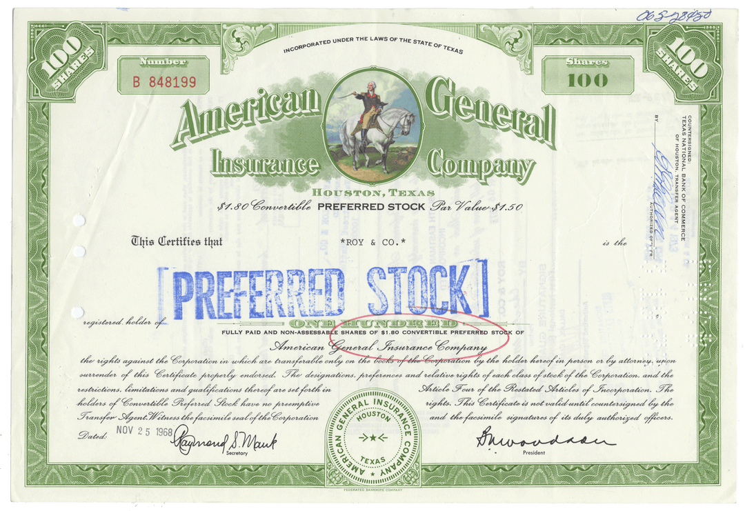 American General Insurance Company Stock Certificate
