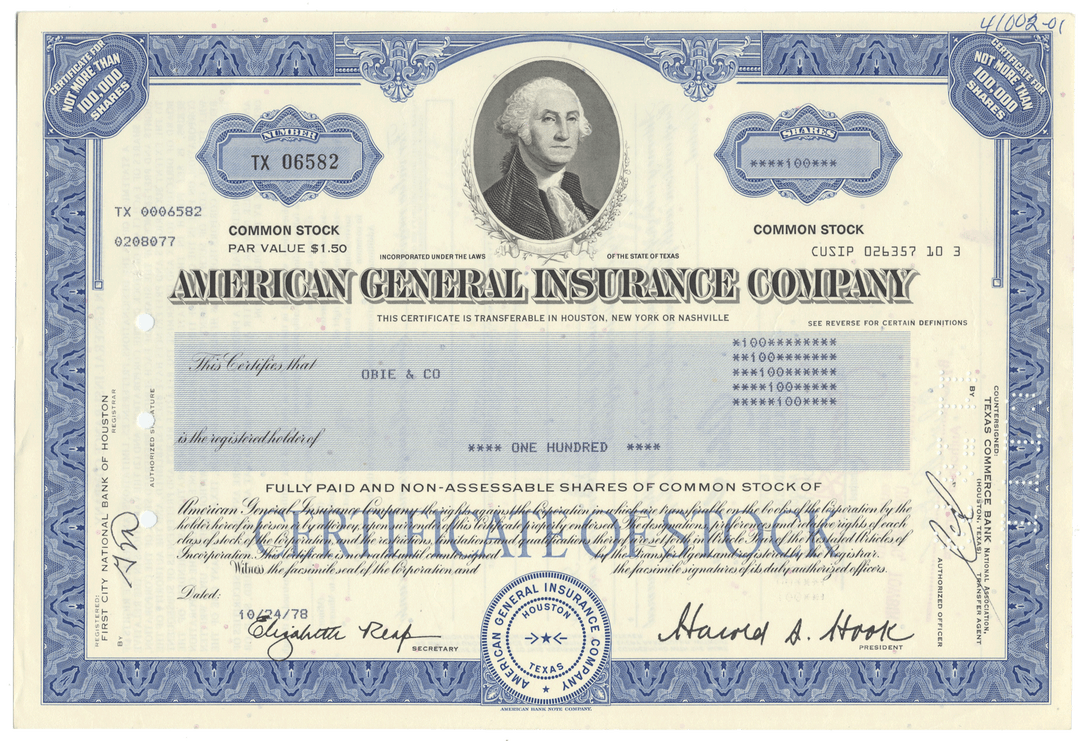 American General Insurance Company stock certificate