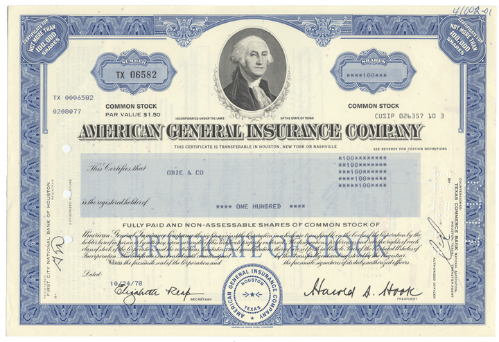 American General Insurance Company stock certificate