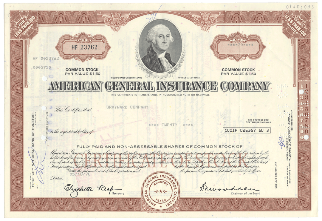 American General Insurance Company Stock Certificate