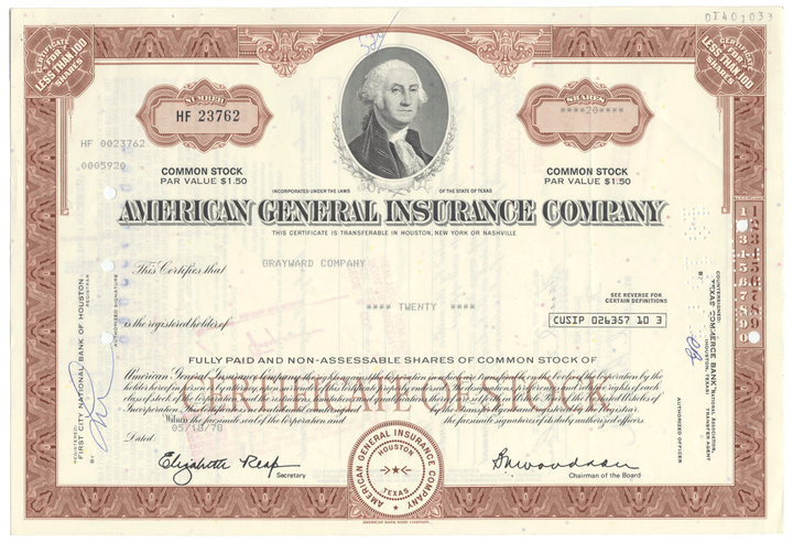 American General Insurance Company Stock Certificate