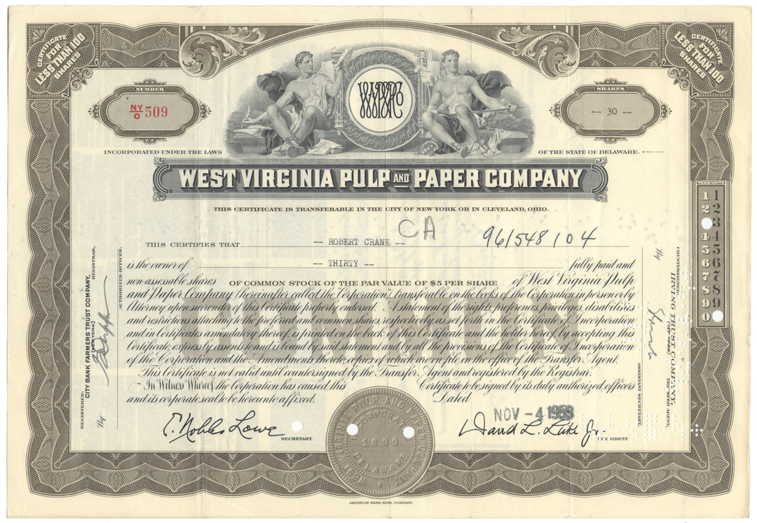 West Virginia Pulp and Paper Company Stock Certificate