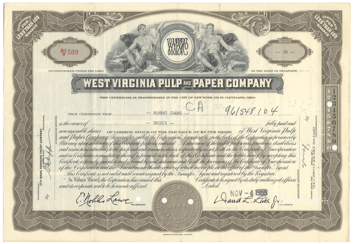 West Virginia Pulp and Paper Company Stock Certificate