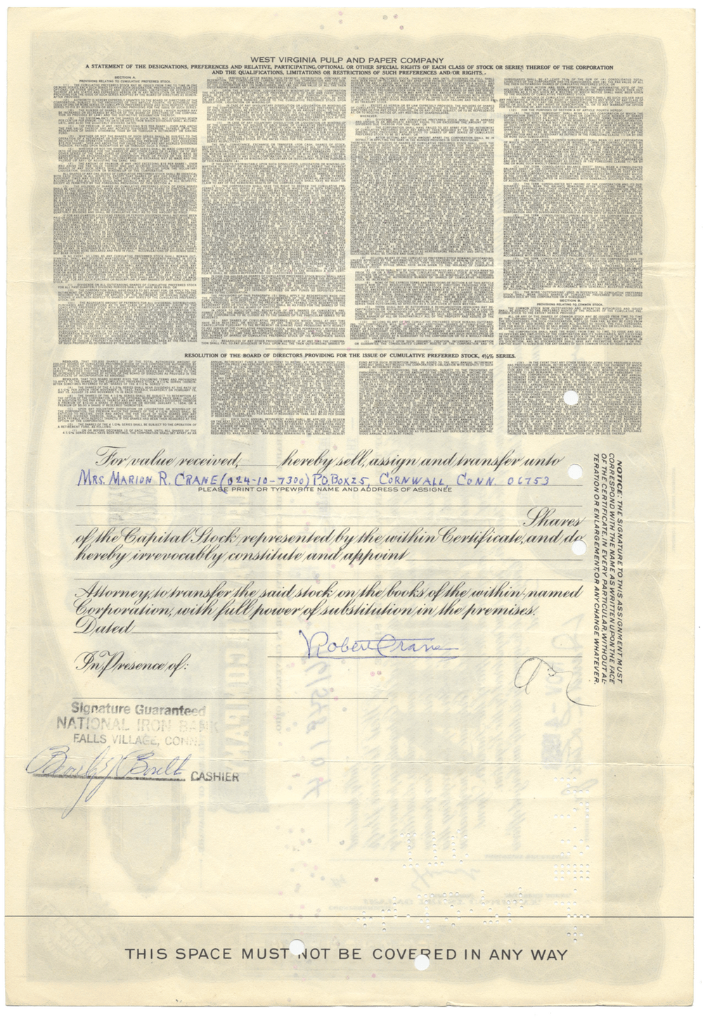 West Virginia Pulp and Paper Company Stock Certificate