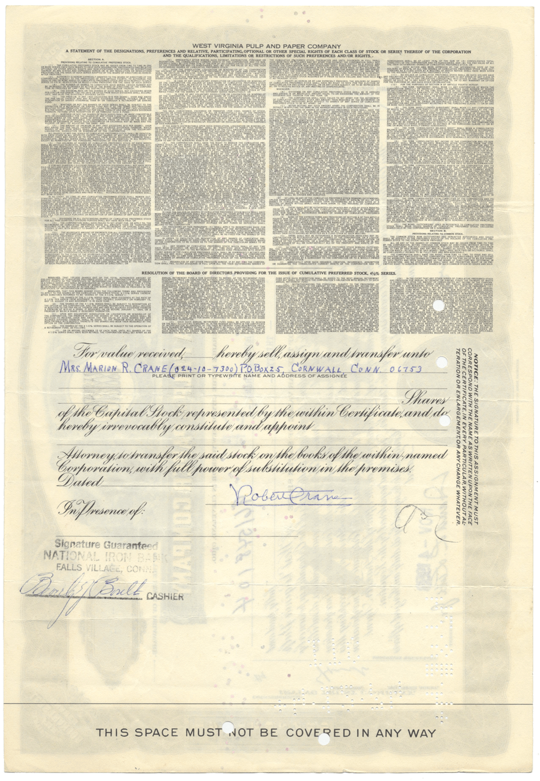 West Virginia Pulp and Paper Company Stock Certificate