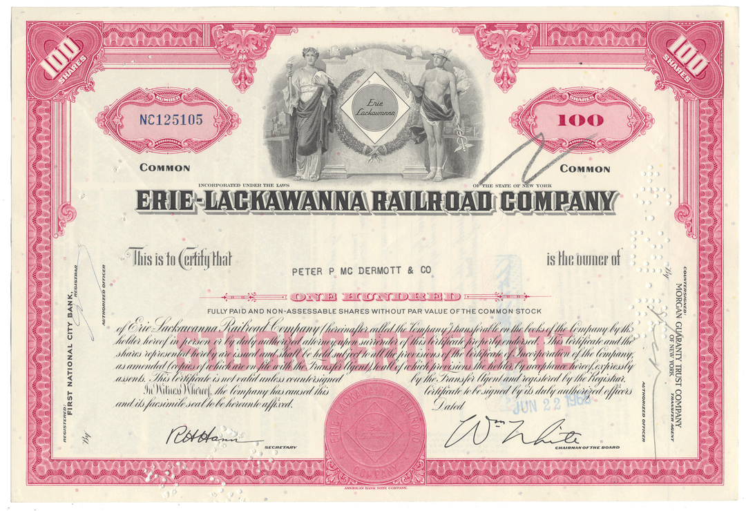 Erie-Lackawanna Railroad Company stock certificate from 1968