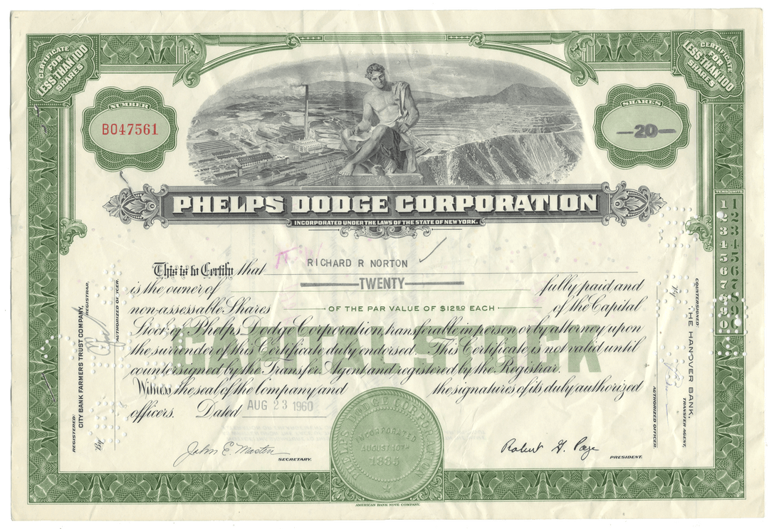 Phelps Dodge Corporation stock certificate dating back to 1960