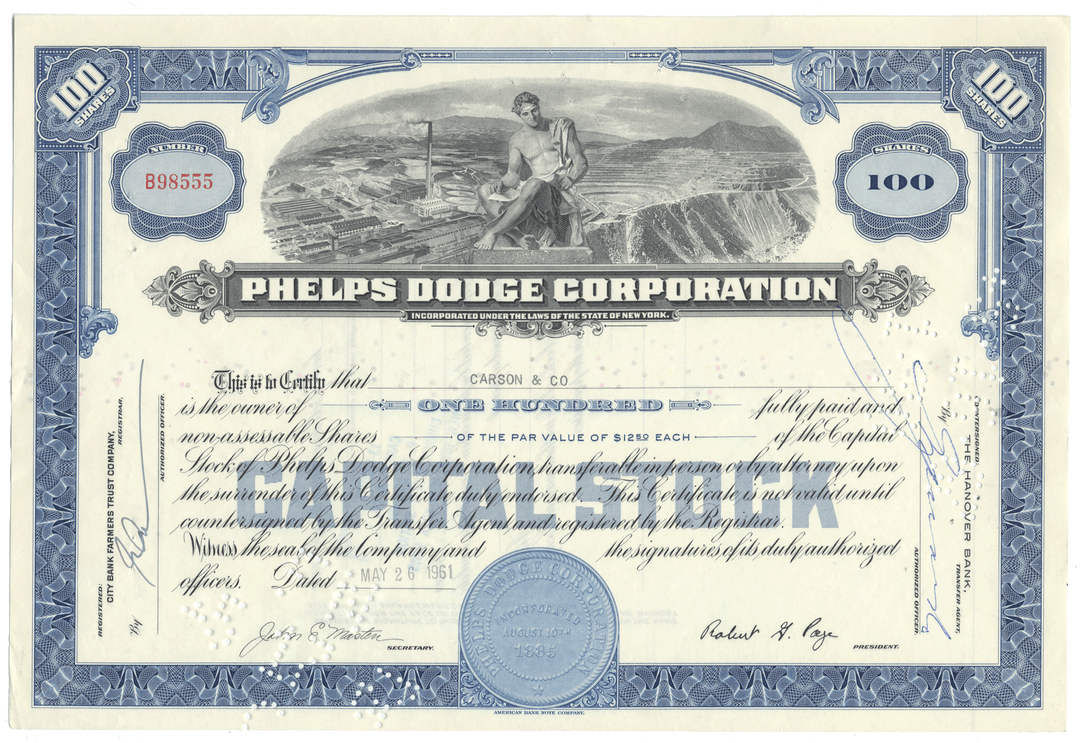 Phelps Dodge Corporation stock certificate with scenic illustration